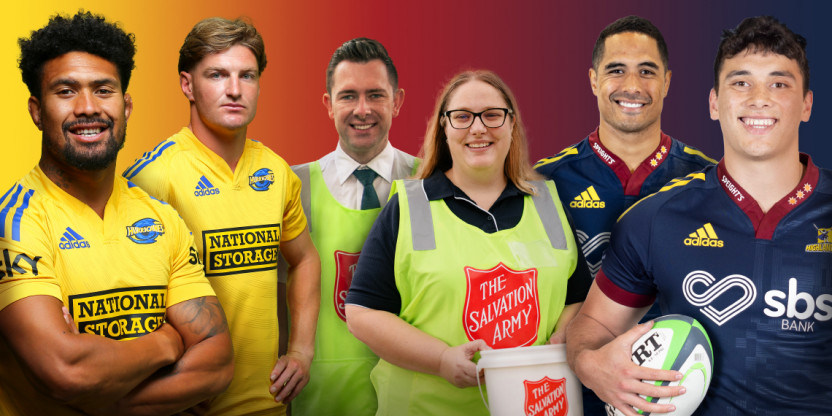 Representatives from the Highlanders and Hurricanes teams with the Salvation Army promoting the annual Red Shield Appeal